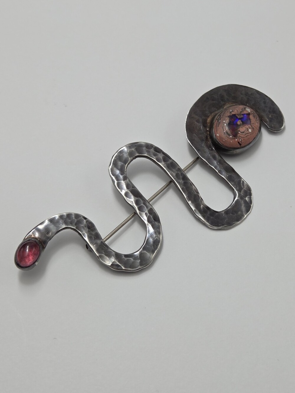 Vintage Mexican Sterling, Fire Opal, Pink Tourmaline Abstract Snake Brooch